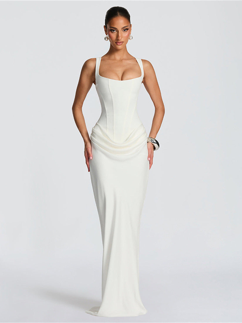 Polyester Slim-Fit Waist-Cinching Ruched Bodycon Elegant Spaghetti Strap Dress