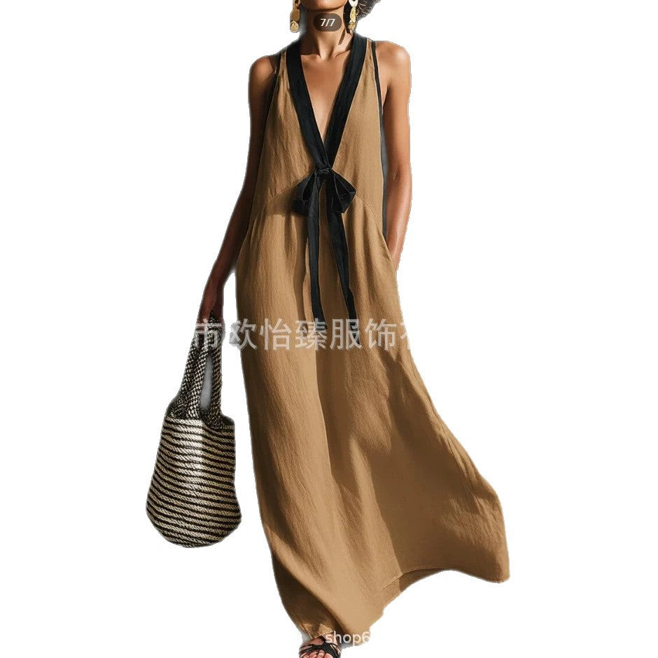 Cotton blend Summer New Women's Classic Elegant Contrast Color Tie Long Skirt