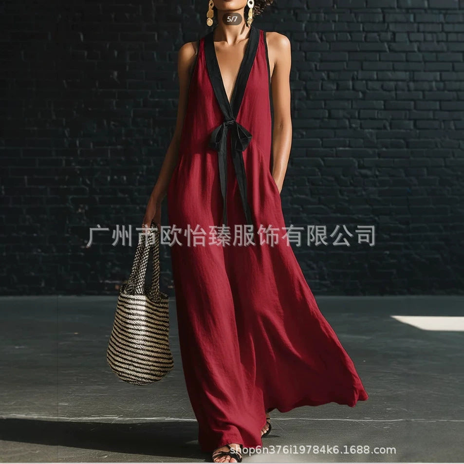 Cotton blend Summer New Women's Classic Elegant Contrast Color Tie Long Skirt