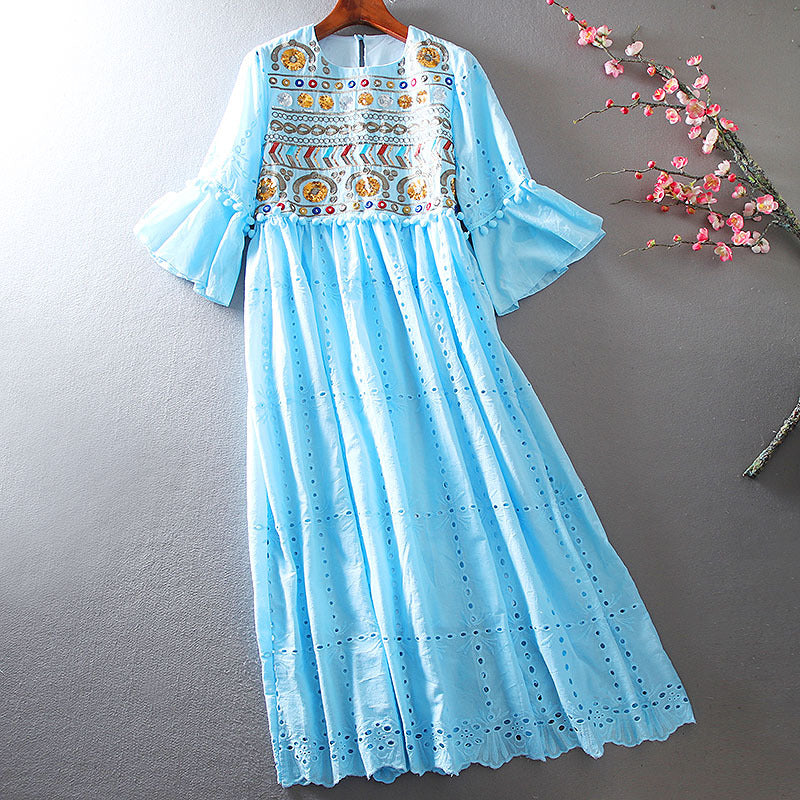 Cotton And Linen Long Dress Ethnic Embroidery Flower Dress